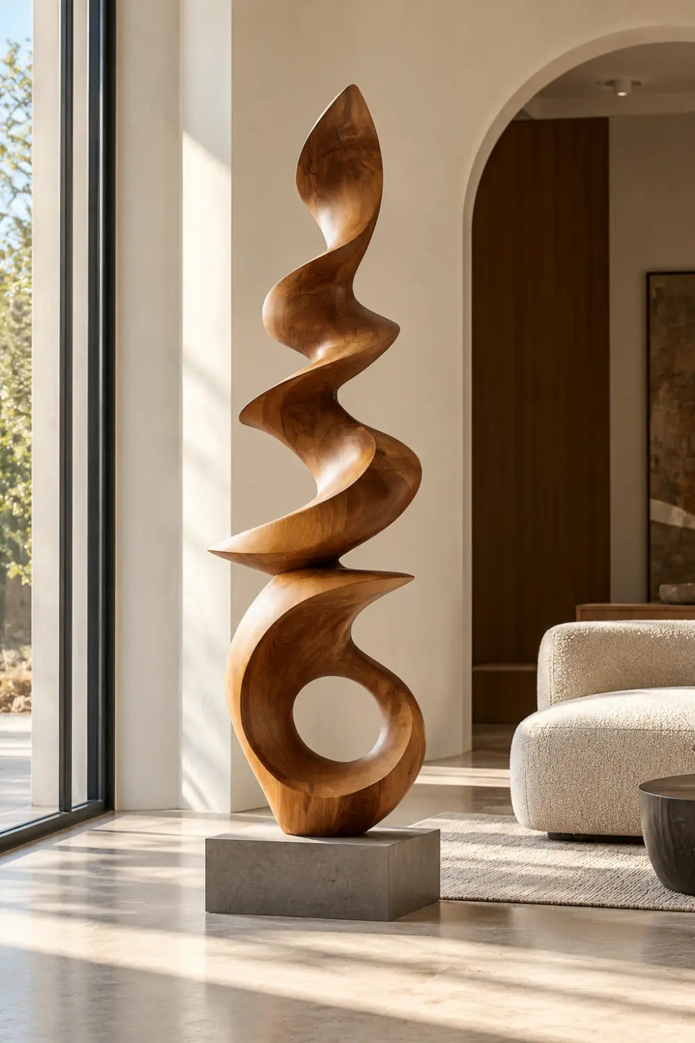 Large Spiral Wood Floor Sculpture | Abstract Open Ring Statue For Living Space