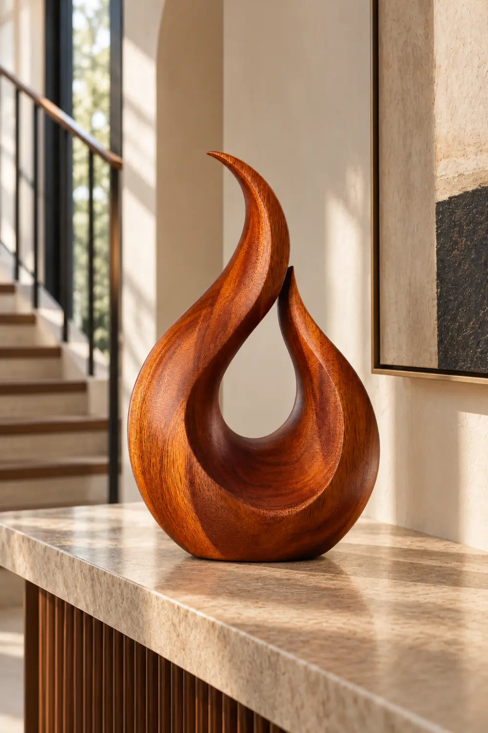 Modern Carved Wooden Flame Sculpture | Abstract Teardrop Fire Art Home Decor