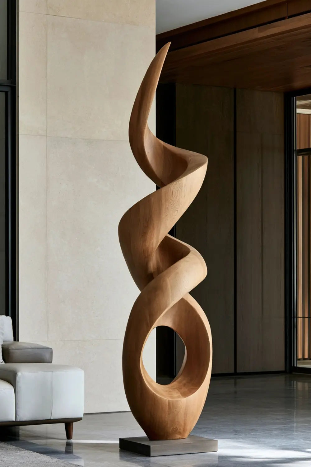 Large Walnut Wood Spiral Abstract Sculpture For Modern Home Decor And Gallery Display