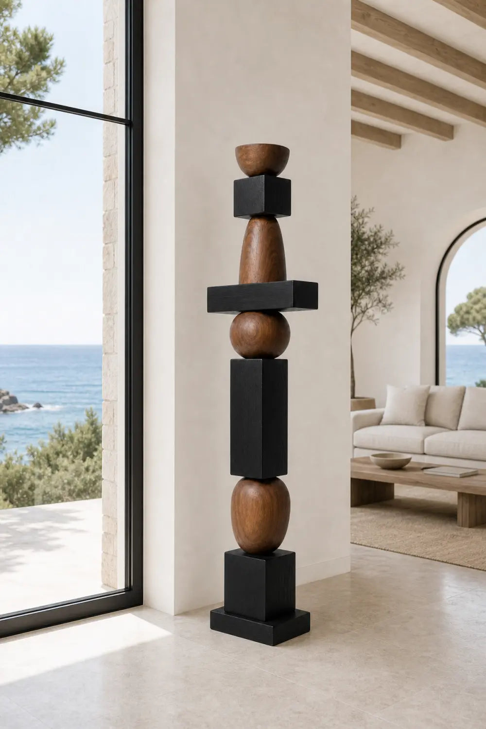 Large Geometric Wooden Sculpture For Minimalist Living Room Decor - Freestanding Abstract Art