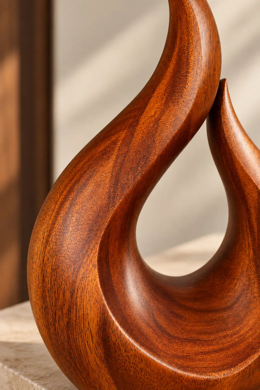 Modern Carved Wooden Flame Sculpture | Abstract Teardrop Fire Art Home Decor