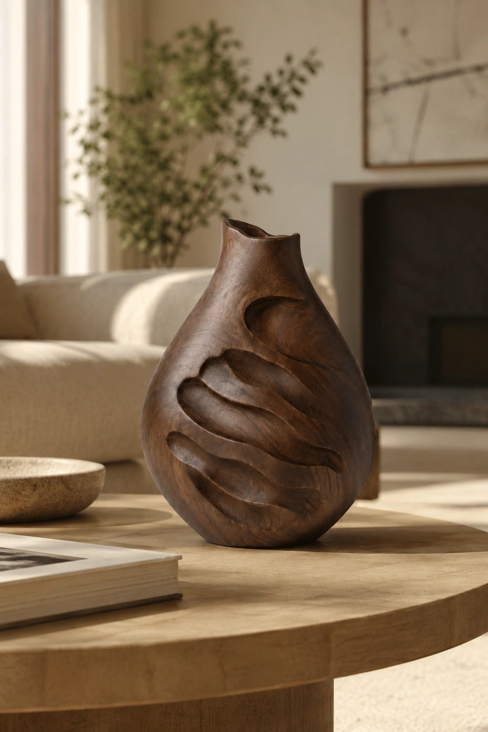 Modern Rustic Wooden Vase Unique Asymmetrical Gourd Shape Sculpture Accent Piece