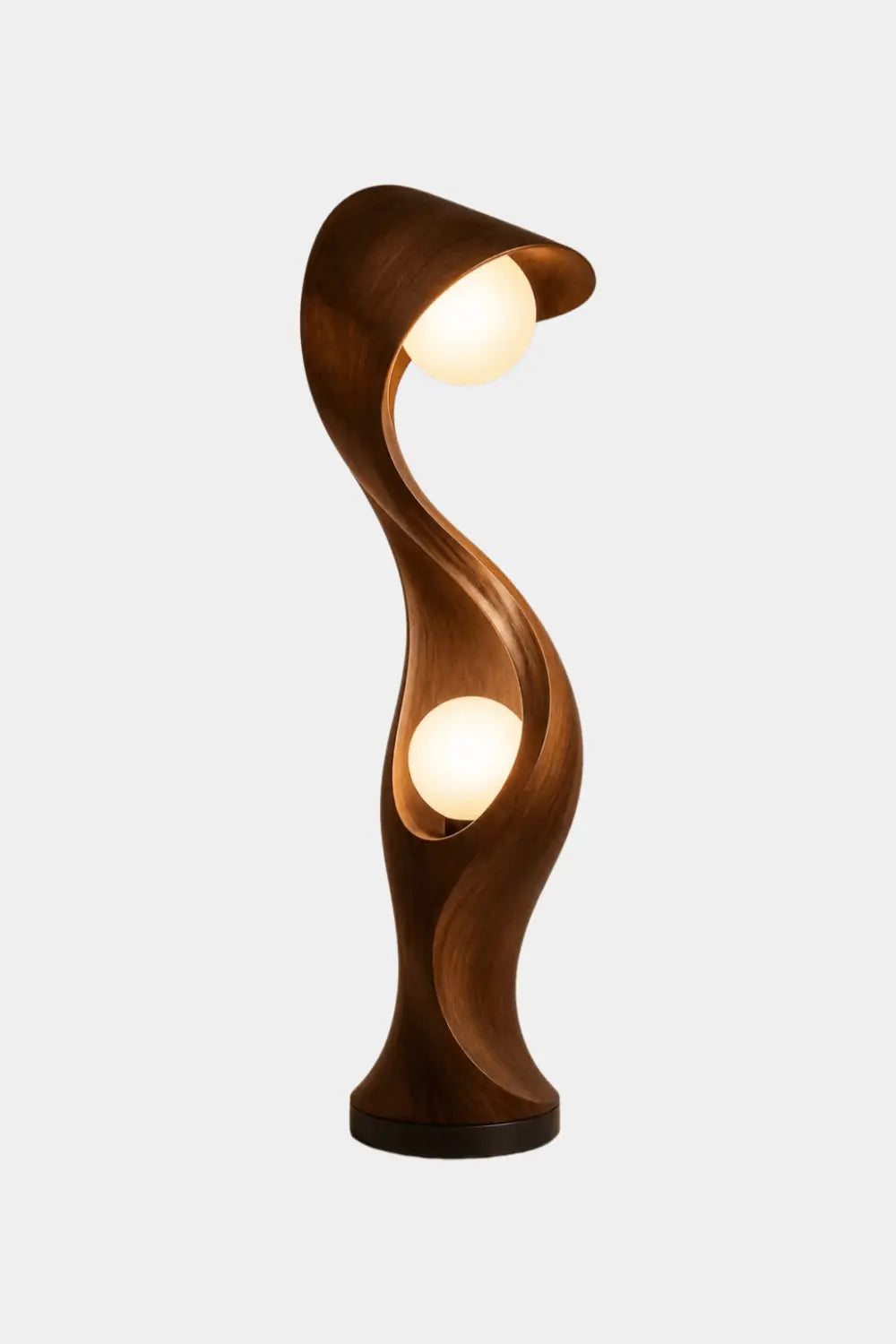Modern Abstract Wood Floor Lamp With Dual Warm Light Spheres For Contemporary Living Rooms