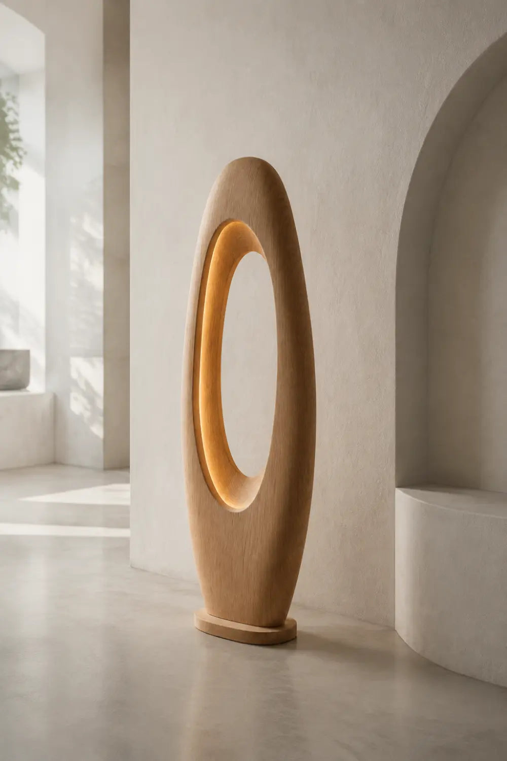 Modern Minimalist Wooden Floor Lamp With Abstract Oval Cutout For Living Room Decor