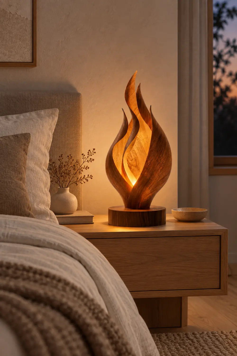 Abstract Wooden Flame Table Lamp Hand Carved Walnut Desk Light For Modern Home Decor