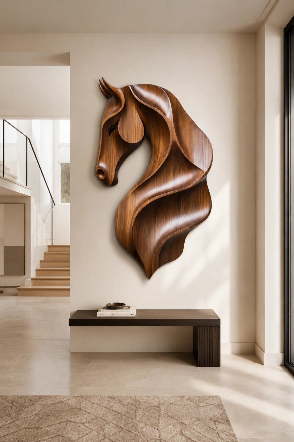 Fluid Wooden Horse Head Wall Art | Modern Carved Relief