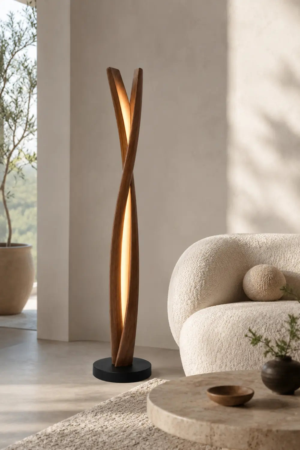 Handcrafted Wooden Sculpture Lamp Abstract Twist Design Ambient Lighting For Luxury Interiors