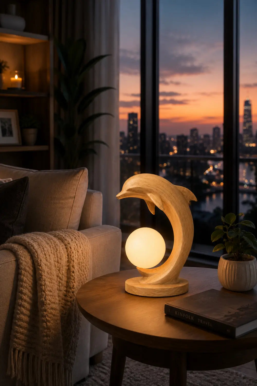 Natural Wood Dolphin Sculpture Lamp With Warm Light For Bedroom Or Study Desk Decoration