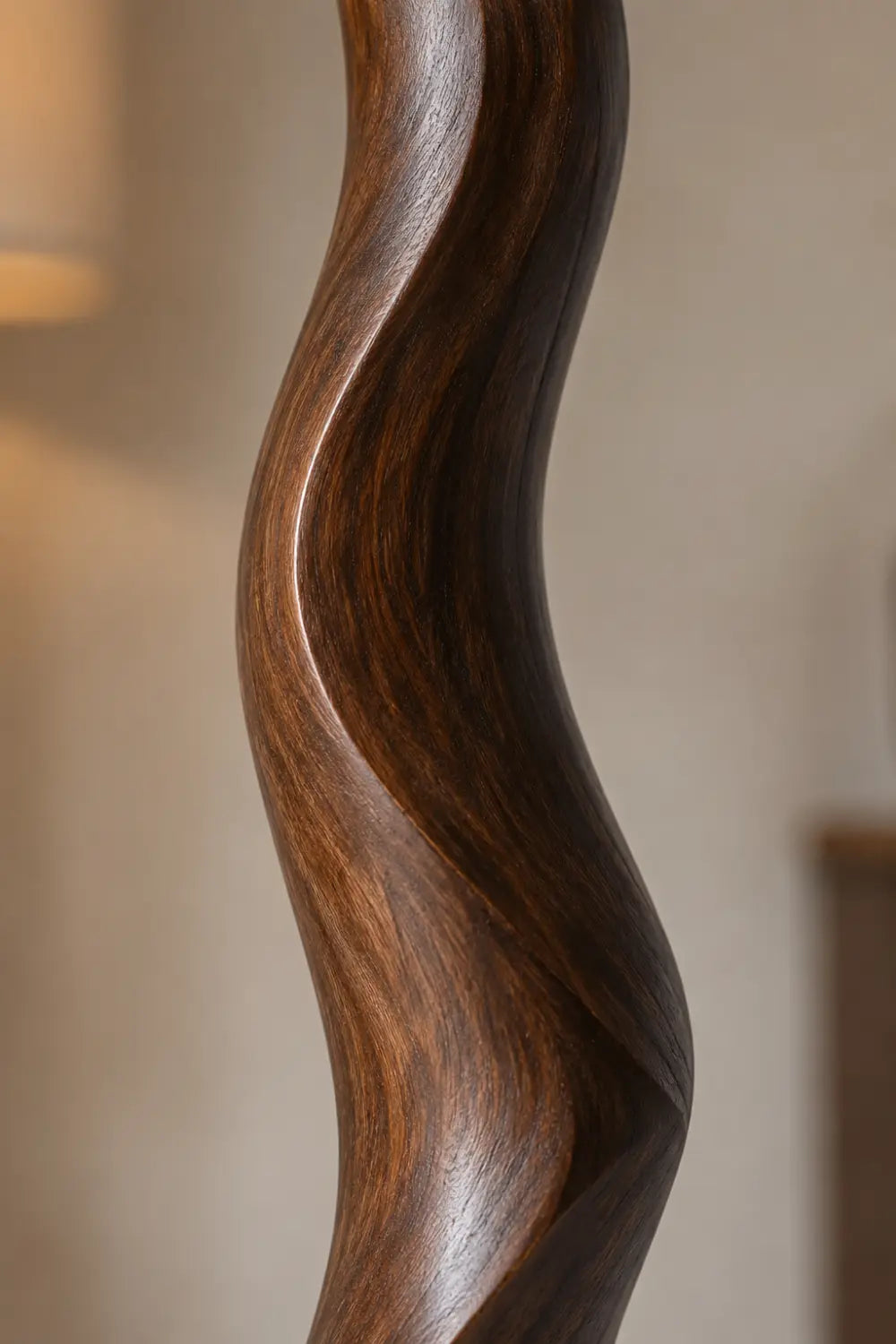 Abstract Wood Floor Lamp With Sinuous Carved Base And Linen Shade For Modern Living Rooms