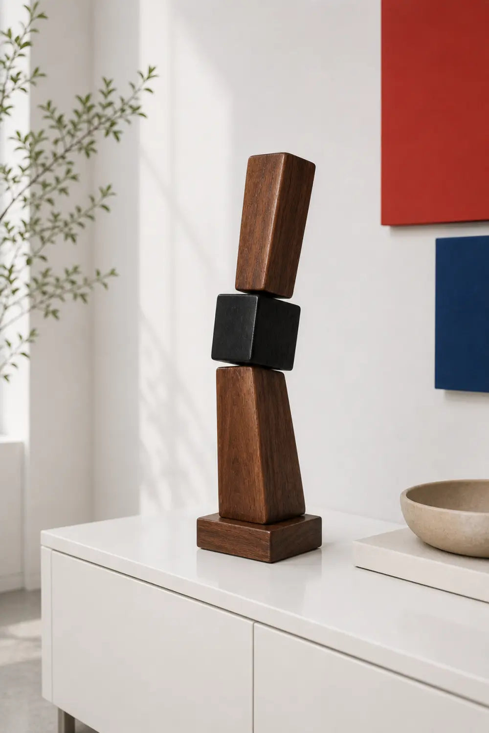 Large Hand-Carved Wooden Abstract Sculpture For Modern Home Decor - Geometric Walnut Art