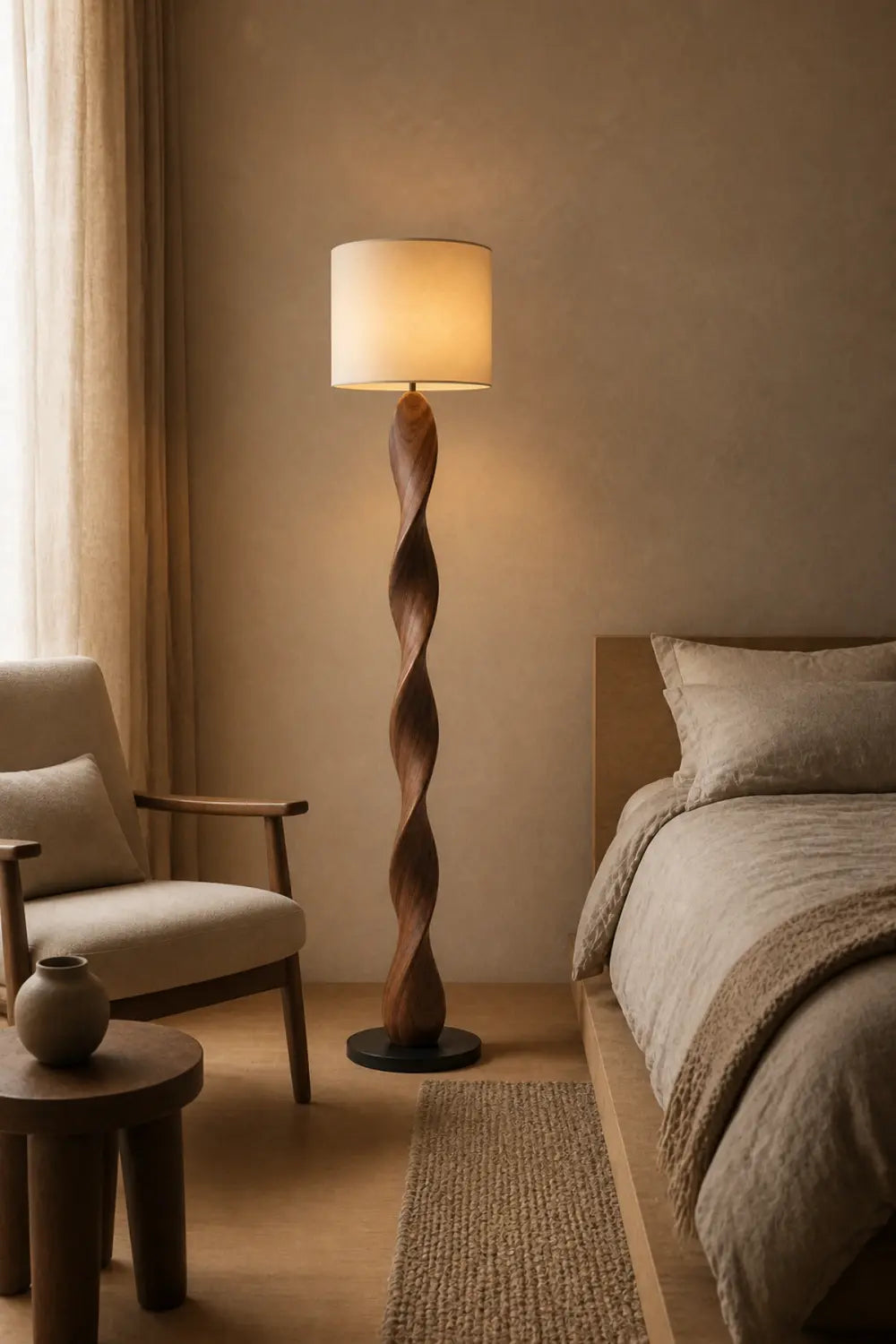 Artistic Spiral Wood Floor Lamp Ideal For Modern Living Rooms And Bedrooms