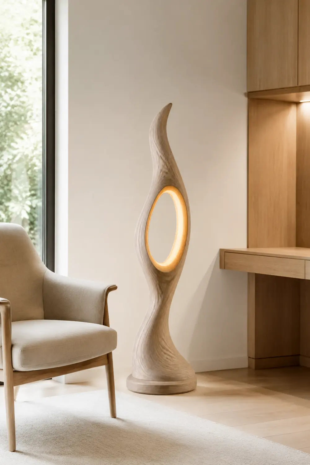 Modern Abstract Floor Lamp Hand-Carved From Solid Natural Wood For Living Room Decor