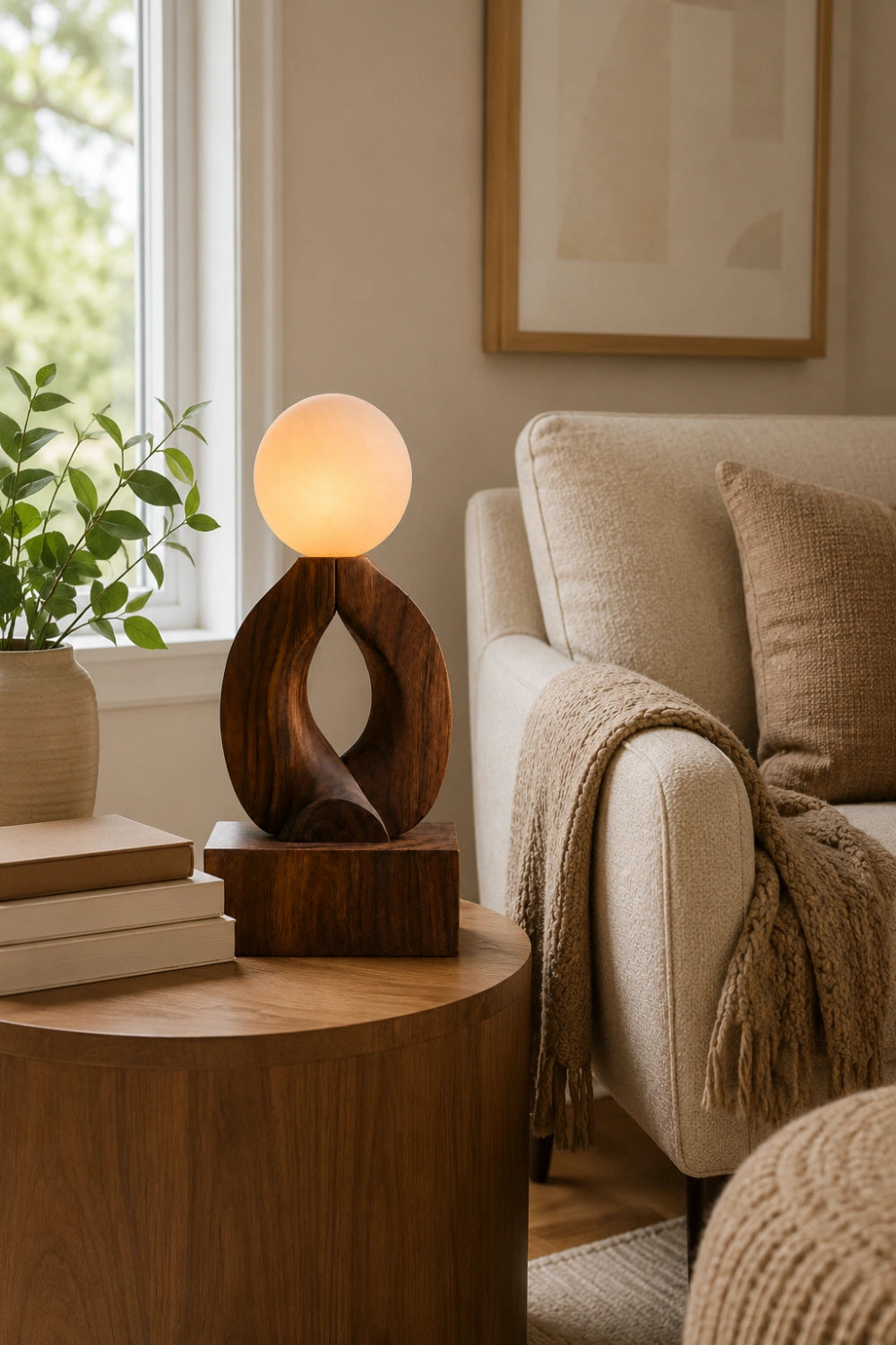 Hand Carved Wooden Art Lamp Sculptural Lighting Fixture Natural Walnut Finish Home Accent