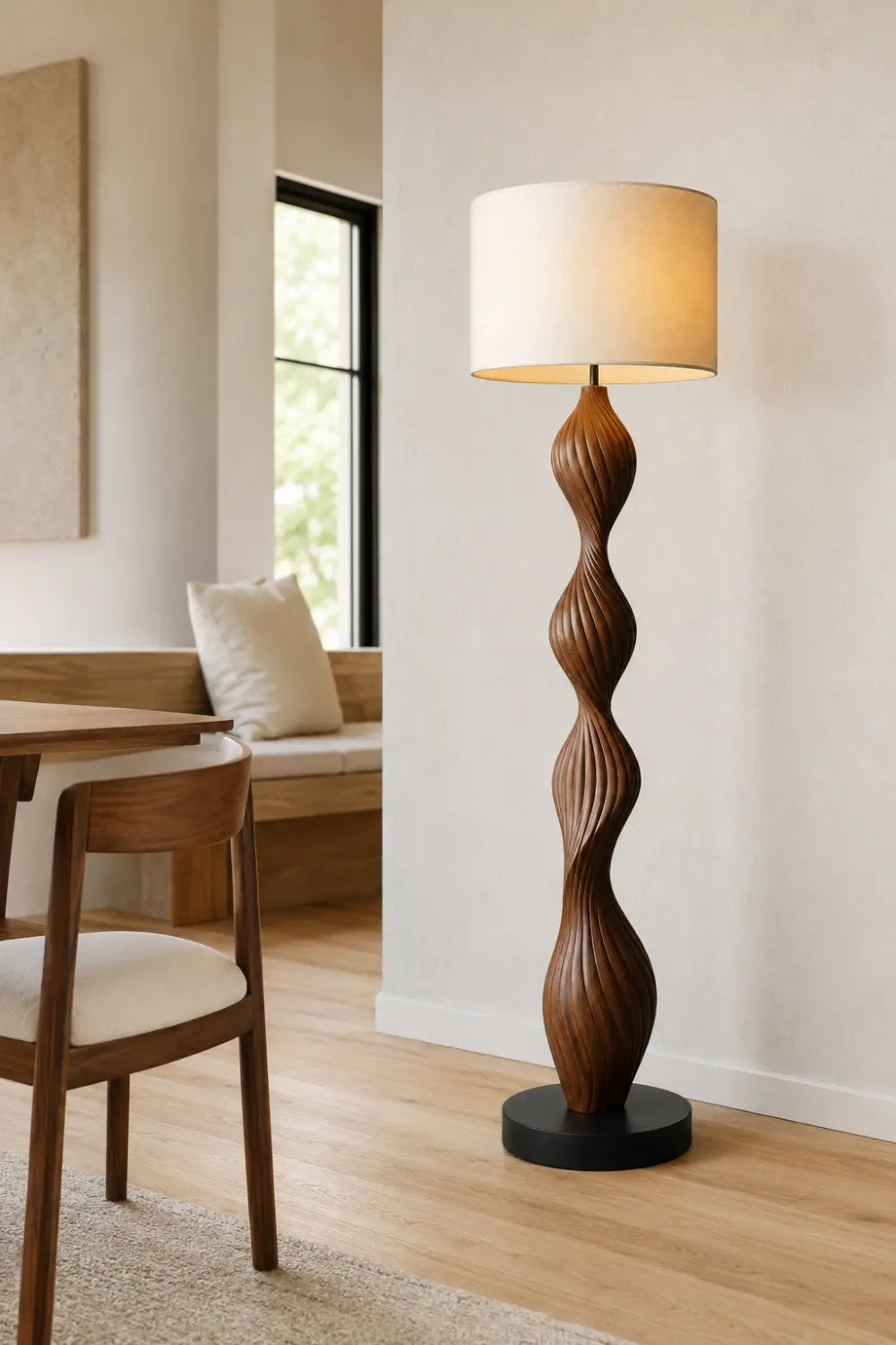 Modern Spiral Wood Floor Lamp With Warm Linen Shade For Contemporary Living Rooms