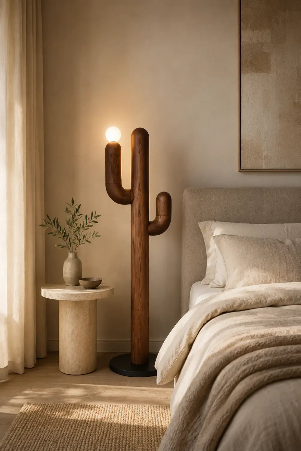 Modern Walnut Cactus Floor Lamp Minimalist Wooden Light Sculpture For Living Room Decor