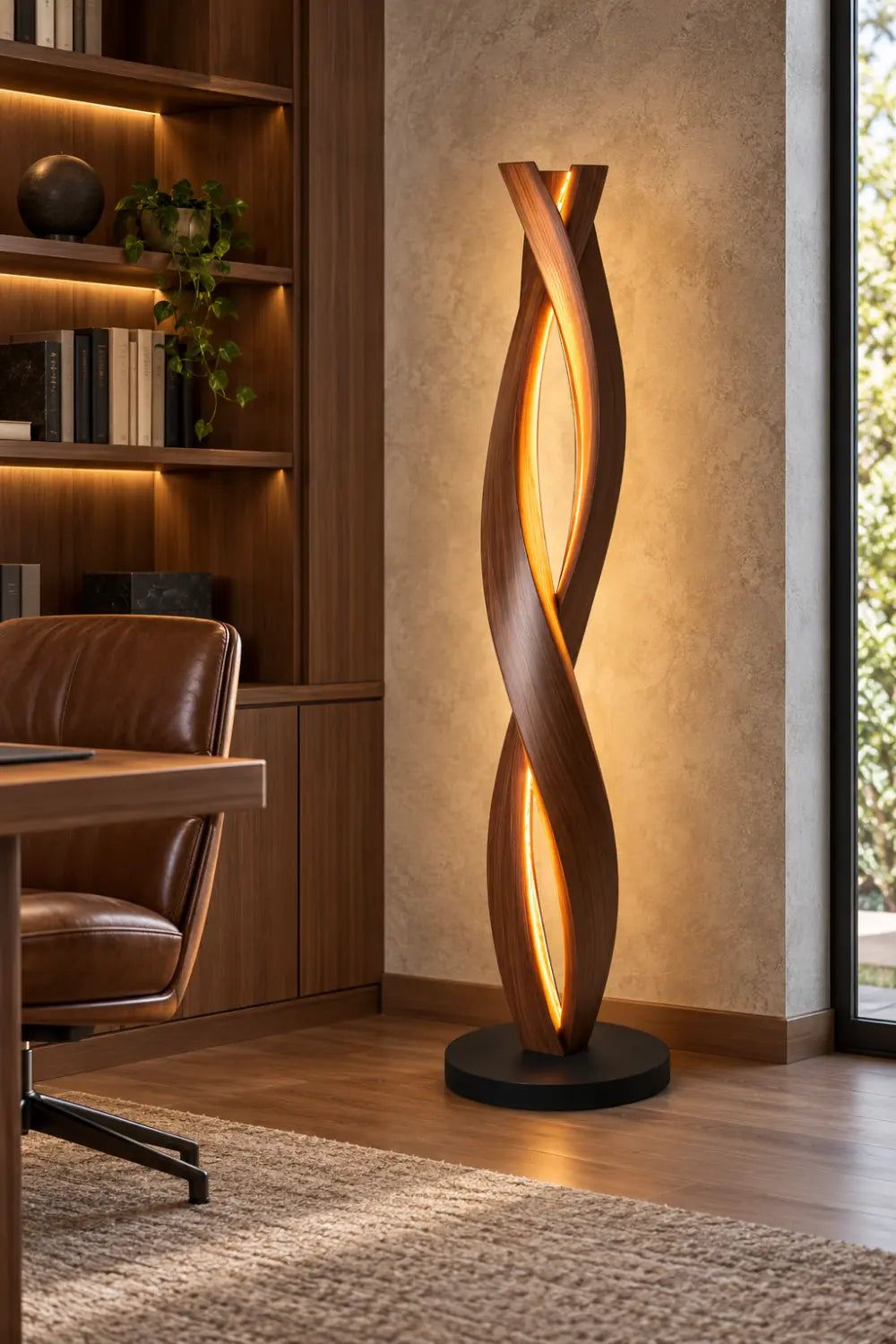 Handcrafted Walnut Floor Lamp With Spiraling Abstract Form For Modern Living Rooms