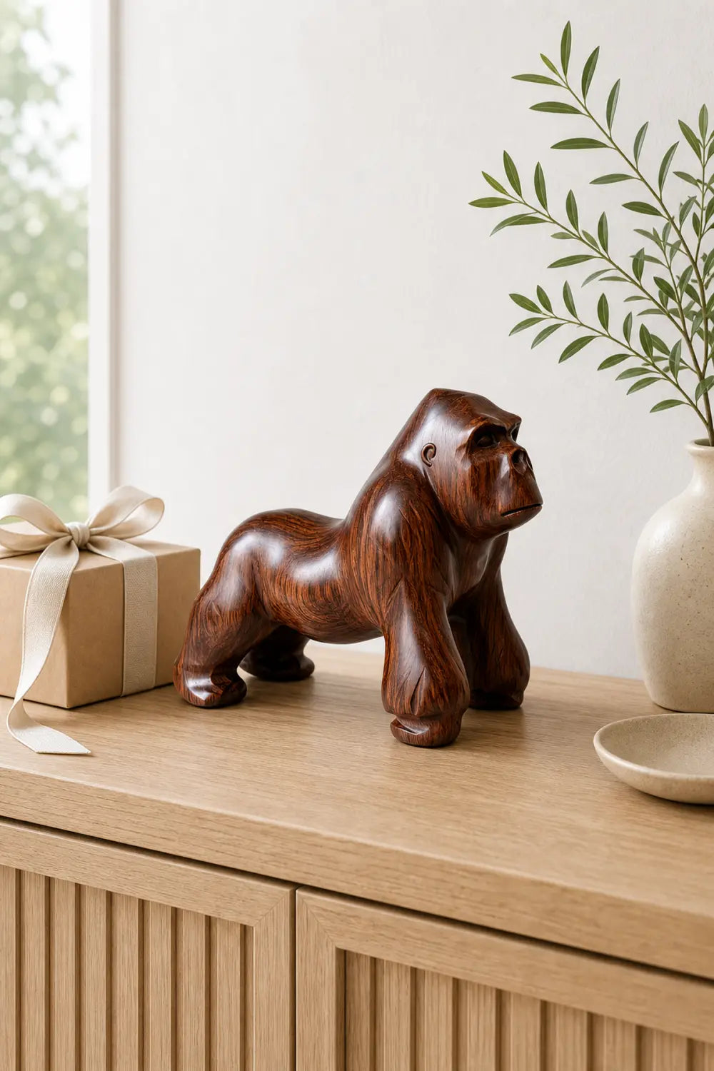 Hand-Carved Walnut Gorilla Sculpture - Realistic Animal Wood Statue For Home Decor