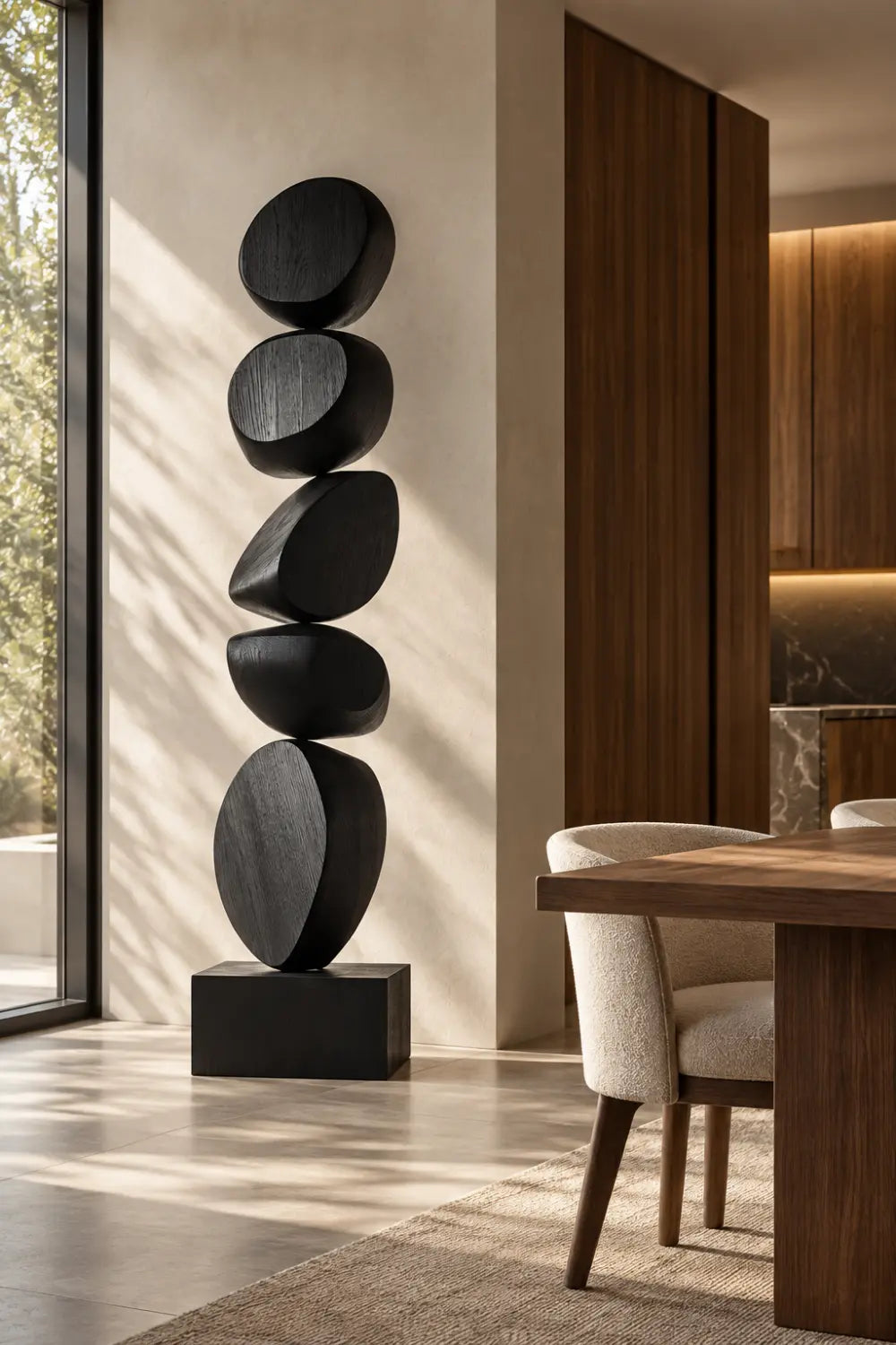 Hand Carved Matte Black Wooden Statue Large Scale Abstract Art