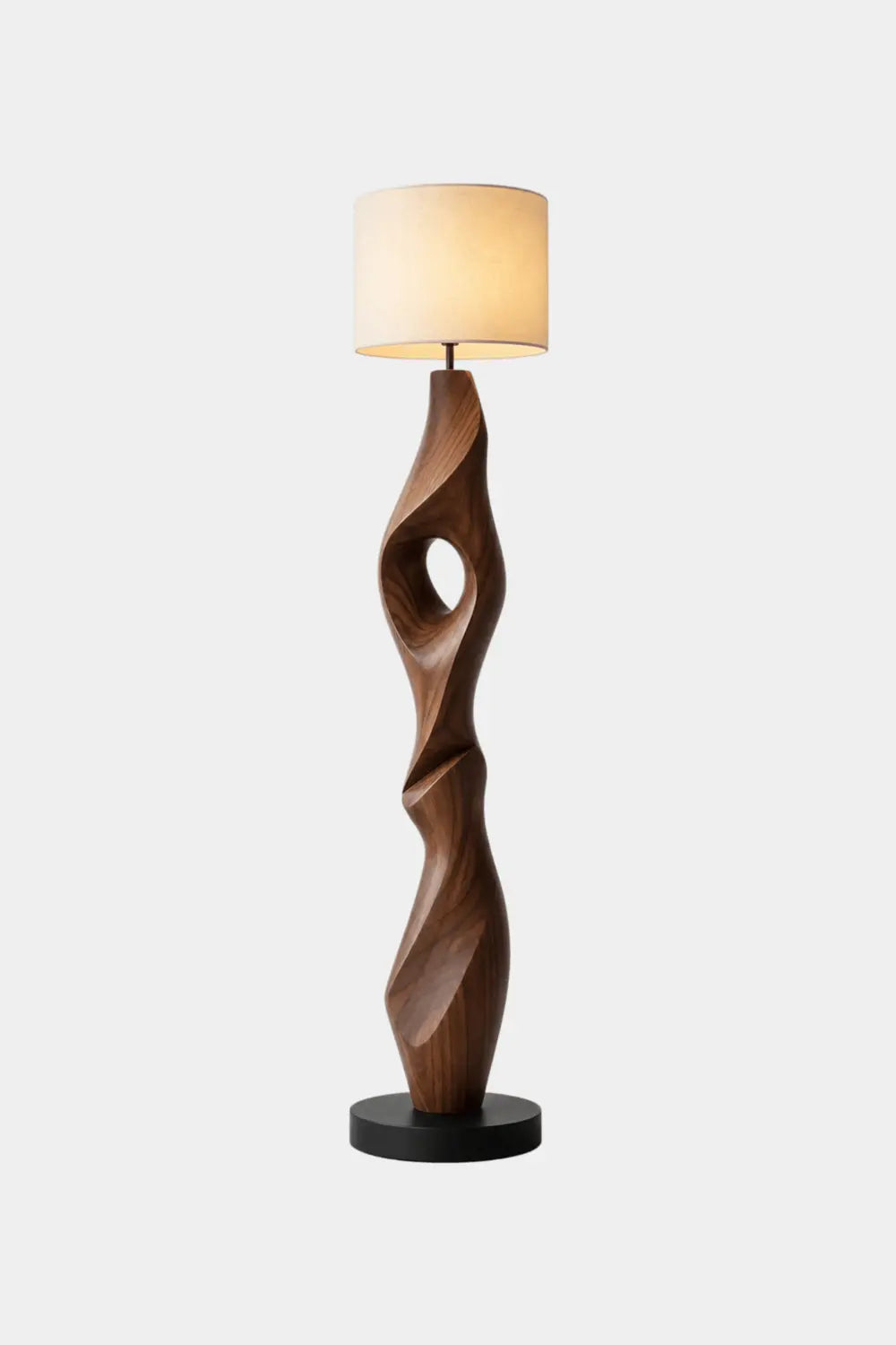 Sculptural Walnut Wood Floor Lamp With Abstract Spiral Form For Modern Living Rooms