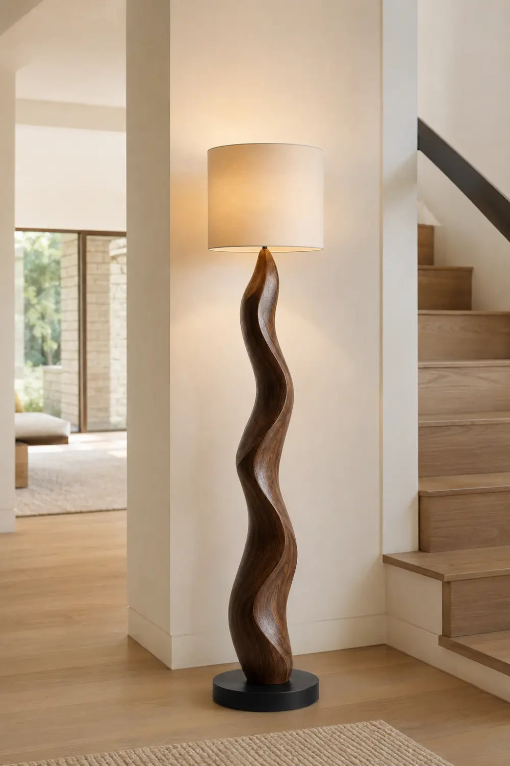 Abstract Wood Floor Lamp With Sinuous Carved Base And Linen Shade For Modern Living Rooms