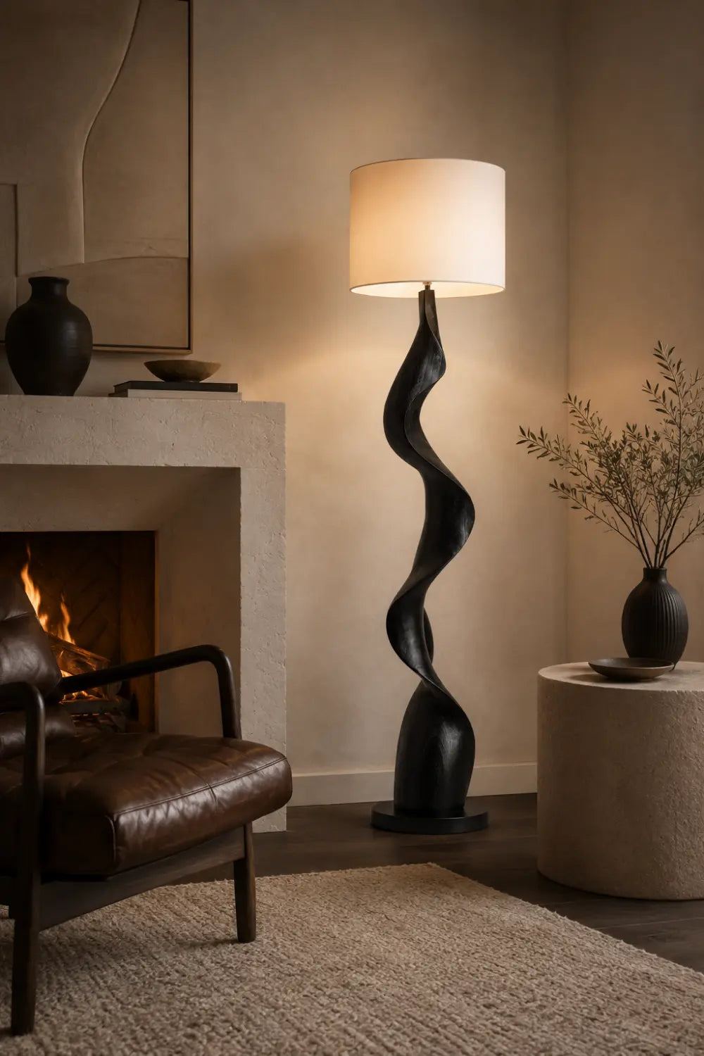 Modern Abstract Wood Floor Lamp With Twisted Sculptural Base For Living Room