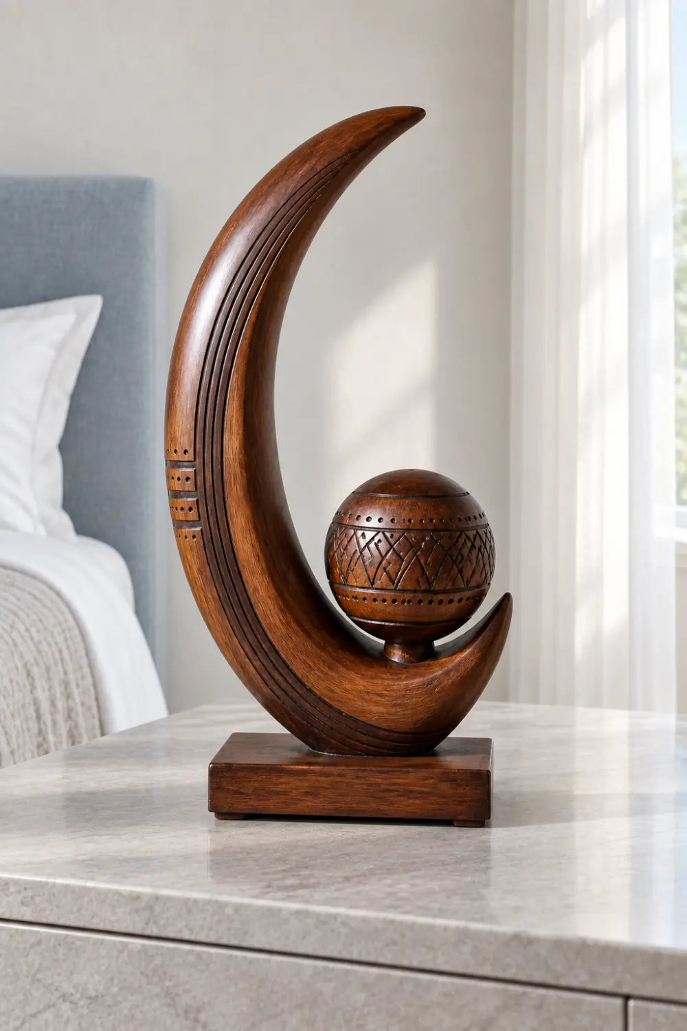 Artisan Carved Wooden Sculpture Abstract Sphere And Crescent Tabletop Art