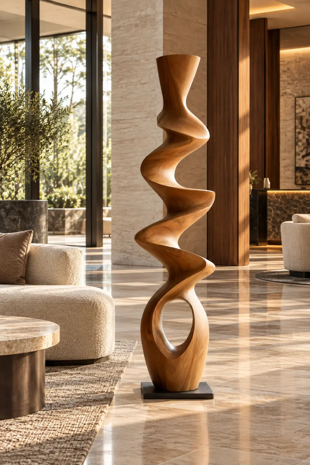 Swirling Wood Floor Sculpture | Tall Helical Statue For Living Space Decor