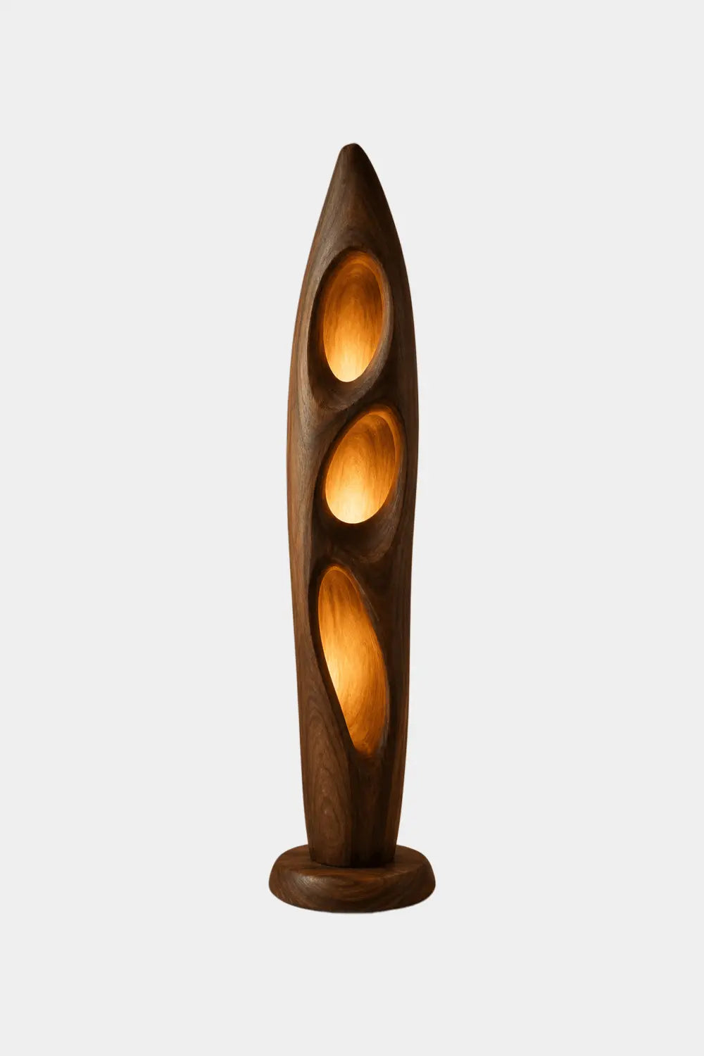 Sculptural Wood Floor Lamp With Organic Hollows And Warm Ambient Light