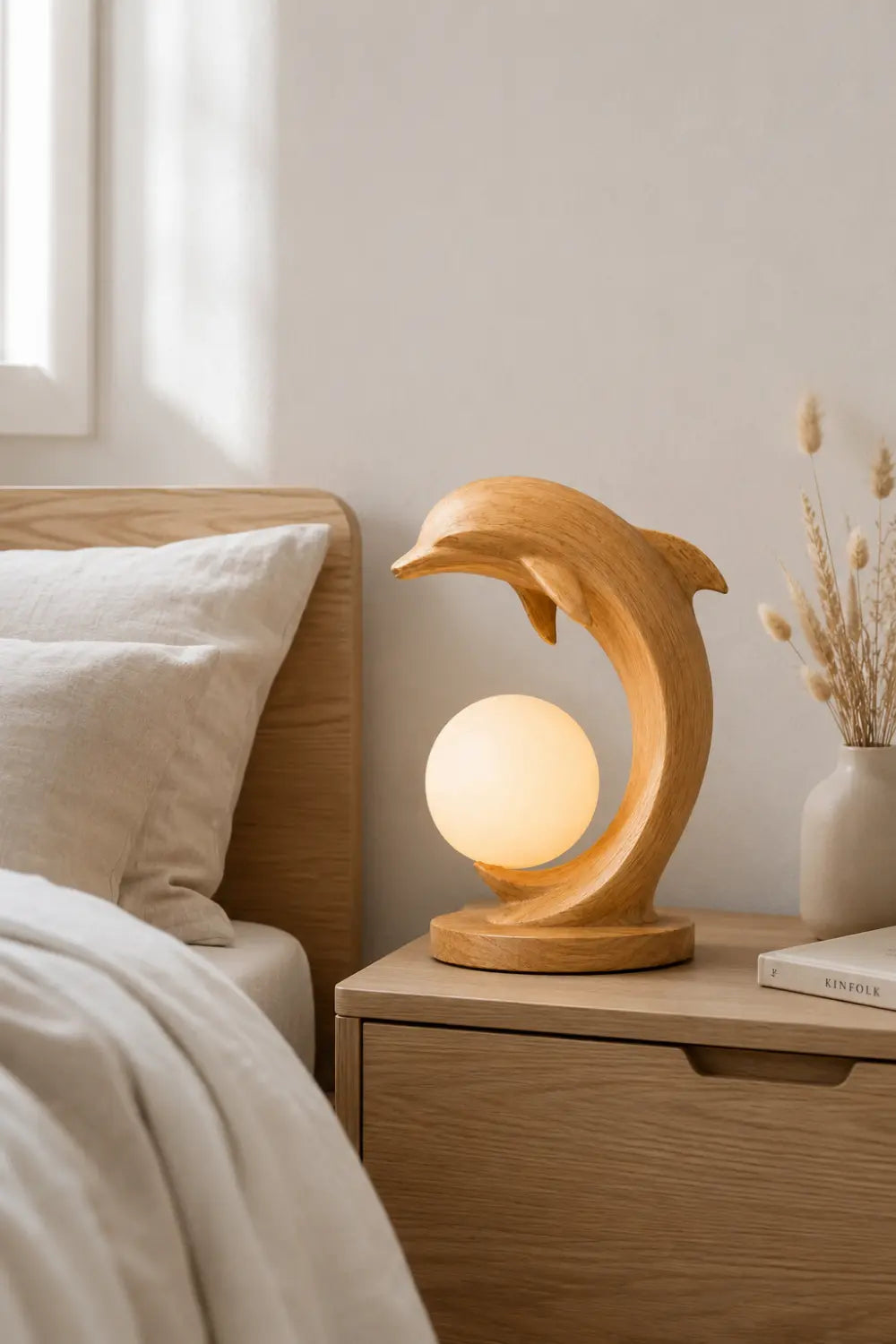 Natural Wood Dolphin Sculpture Lamp With Warm Light For Bedroom Or Study Desk Decoration