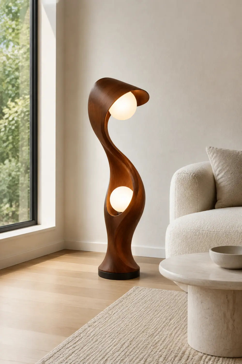 Modern Abstract Wood Floor Lamp With Dual Warm Light Spheres For Contemporary Living Rooms
