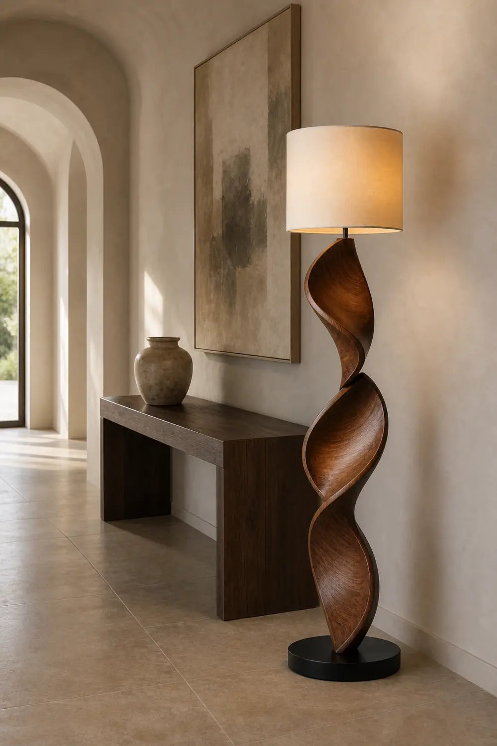 Sculptural Spiral Wood Lamp Handcarved From Premium Walnut For High End Interior Decor