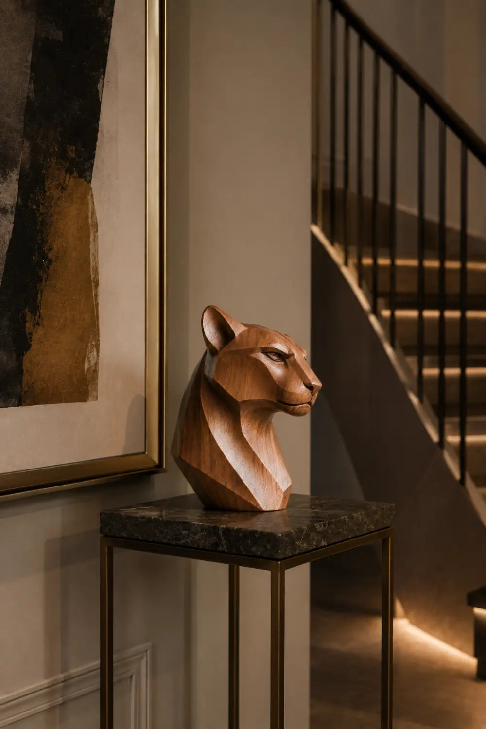Abstract Wooden Panther Statue Minimalist Animal Sculpture For Contemporary Interiors