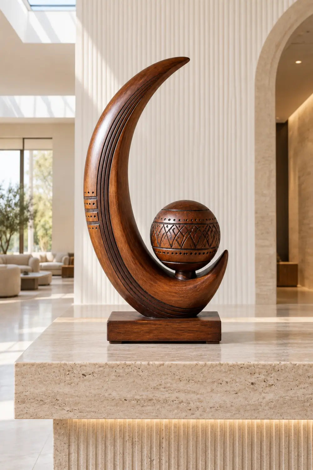 Artisan Carved Wooden Sculpture Abstract Sphere And Crescent Tabletop Art