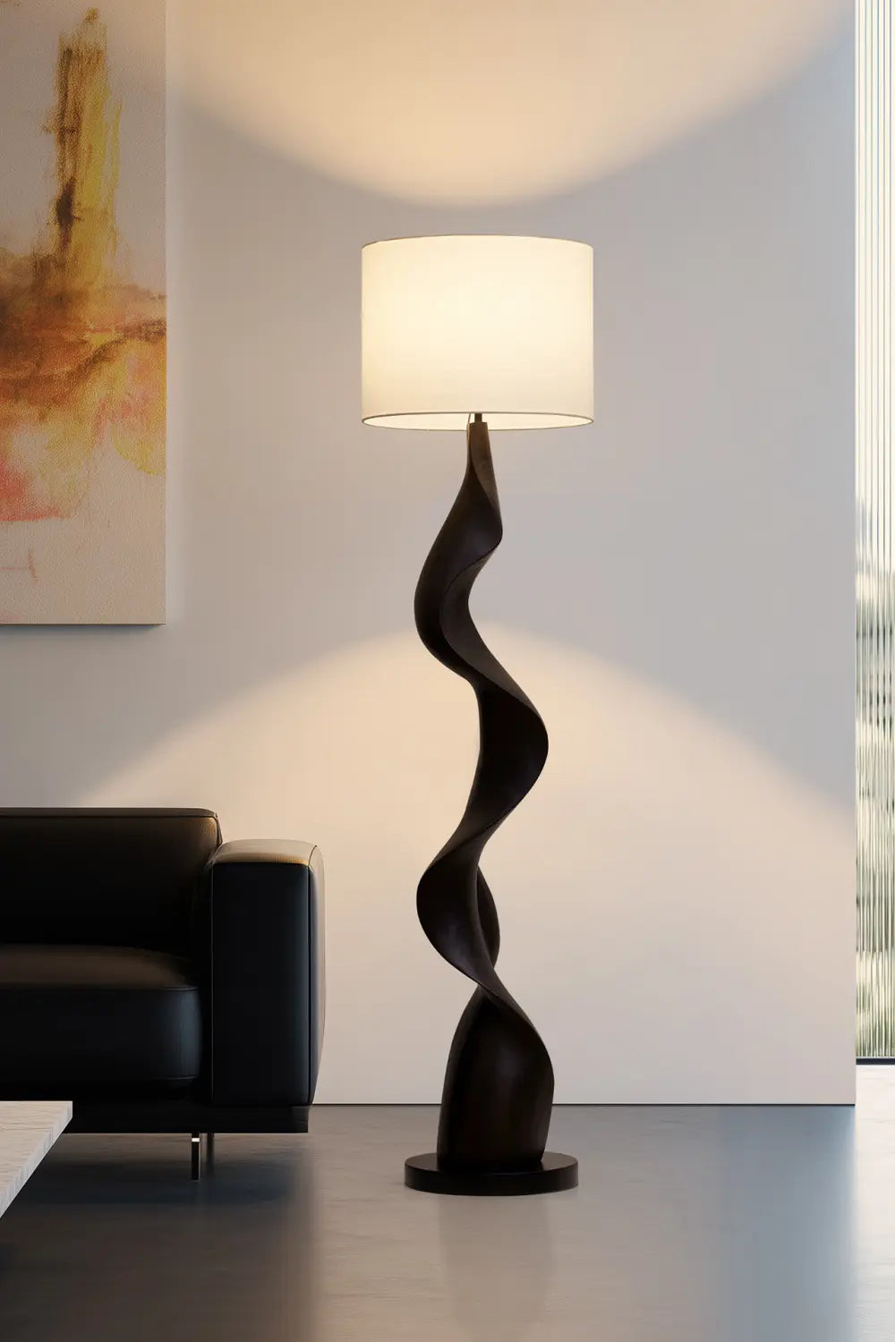 Modern Abstract Wood Floor Lamp With Twisted Sculptural Base For Living Room