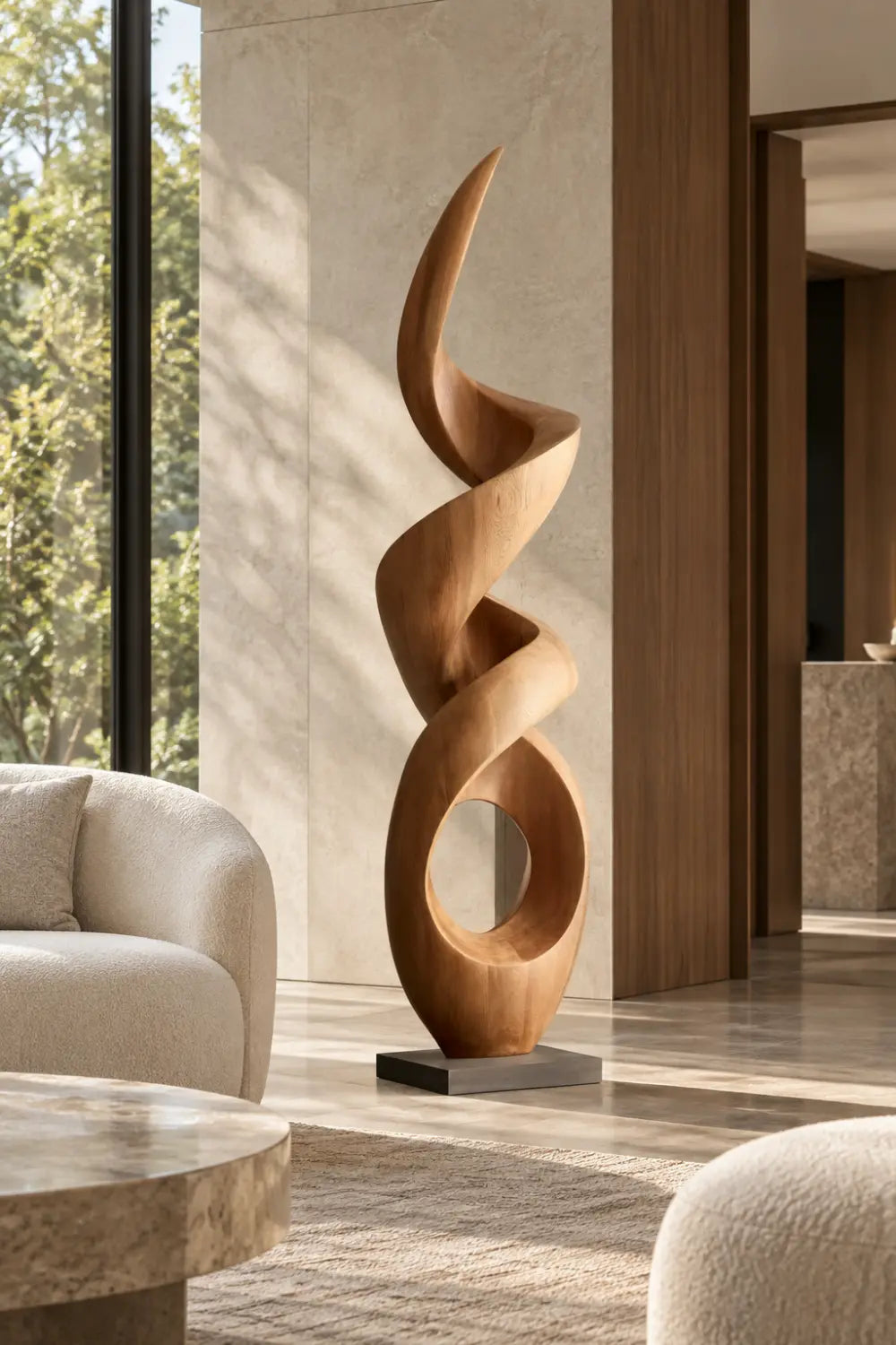 Large Walnut Wood Spiral Abstract Sculpture For Modern Home Decor And Gallery Display