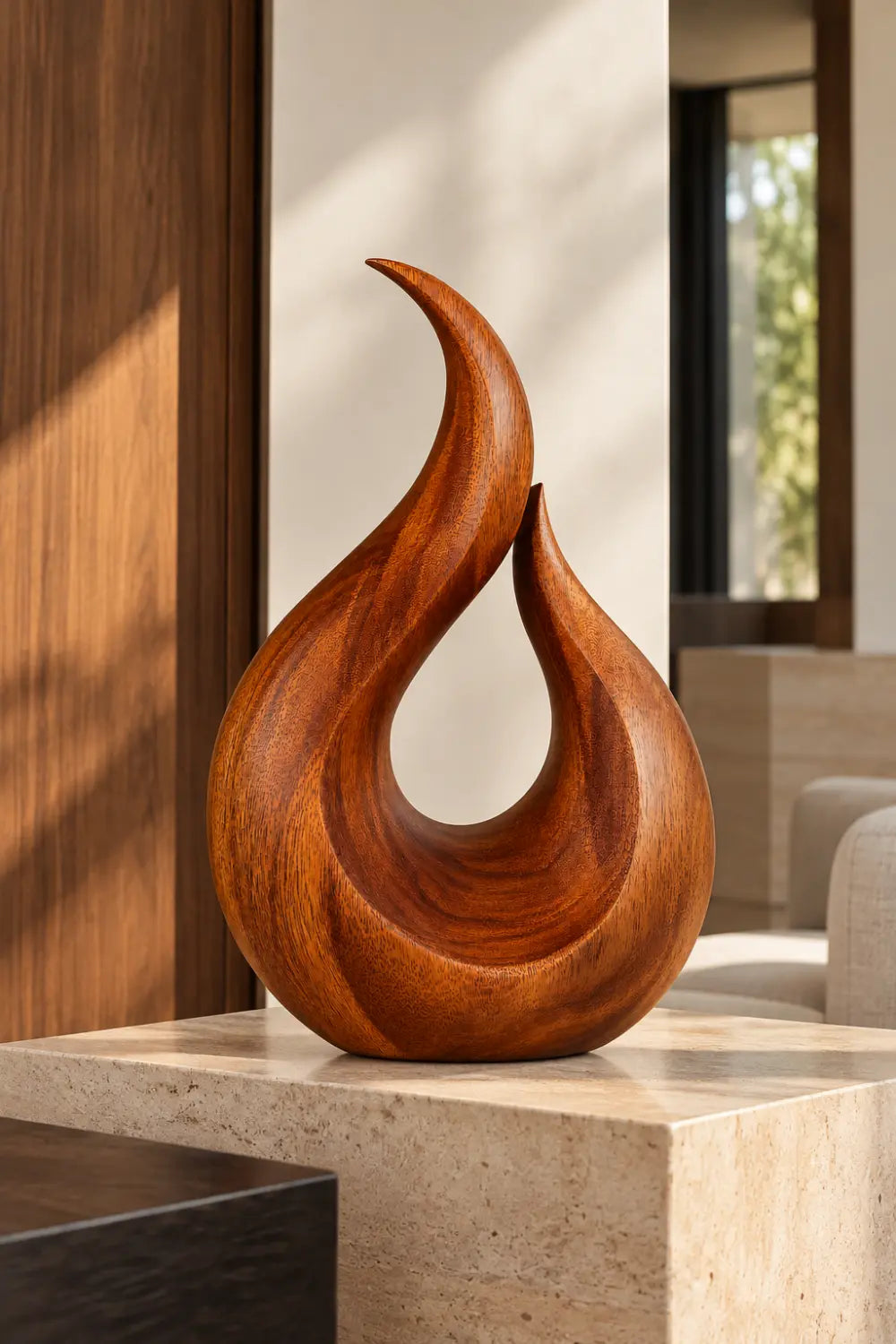 Modern Carved Wooden Flame Sculpture | Abstract Teardrop Fire Art Home Decor