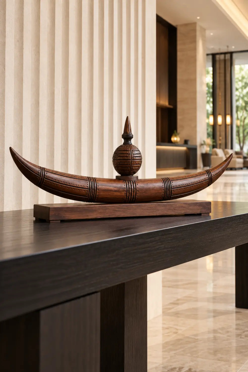 Abstract Tribal Moon Sculpture Wooden Artwork With Central Sphere For Contemporary Interiors