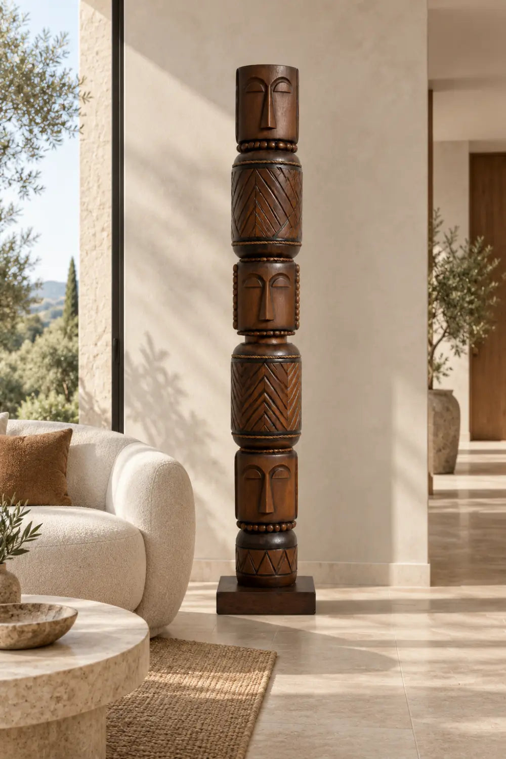 Hand Carved African Tribal Large Wood Sculpture Totem Floor Statue For Modern Home Decor