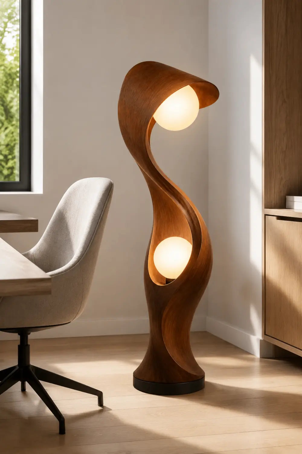 Modern Abstract Wood Floor Lamp With Dual Warm Light Spheres For Contemporary Living Rooms