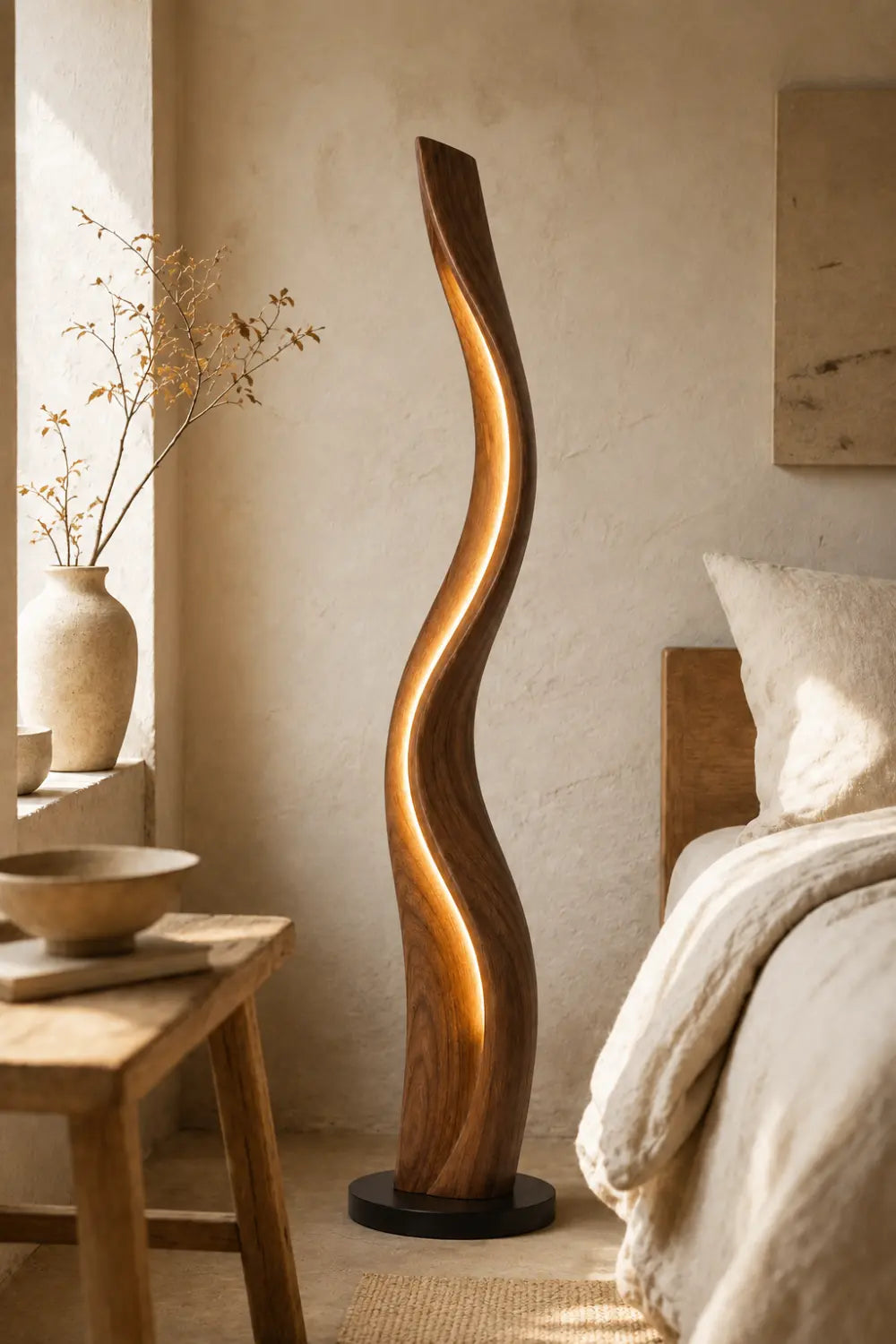 Organic Sculptural Wood Floor Lamp Twisted Design Warm White Light Home