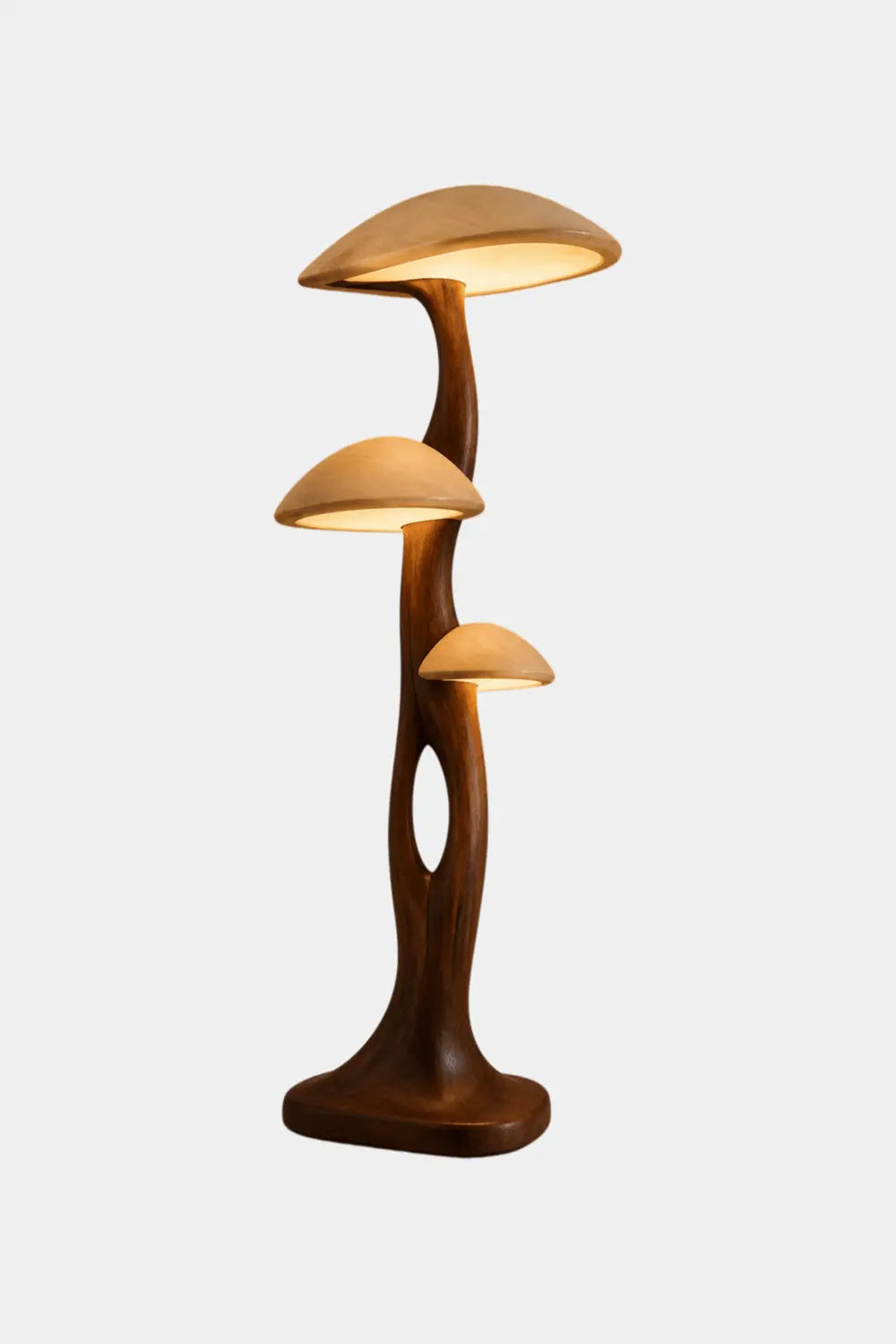 Hand-Carved Wooden Floor Lamp With Mushroom Shades For Modern Living Rooms