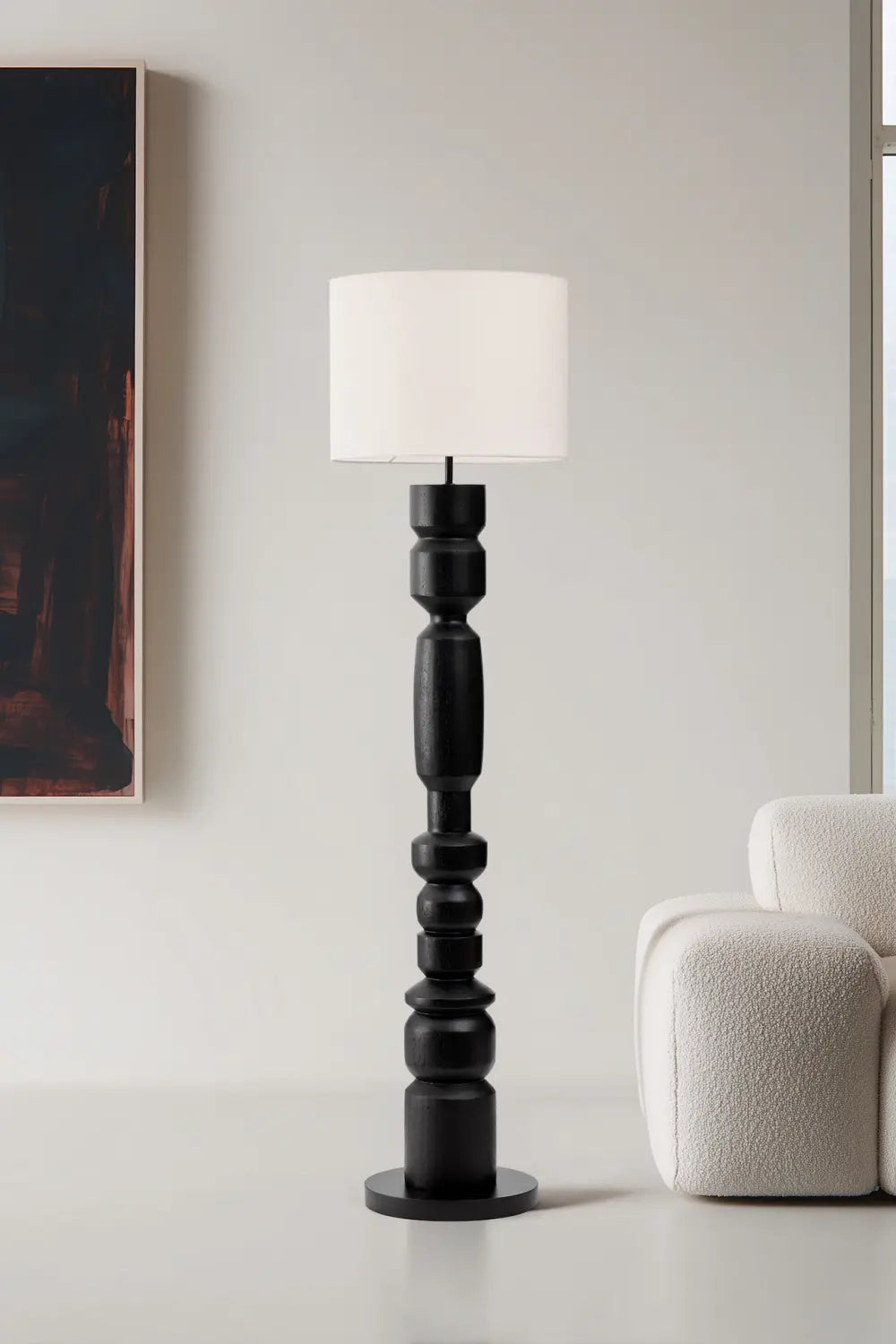 Sculptural Wooden Floor Lamp In Matte Black Finish With Abstract Form For Contemporary Homes