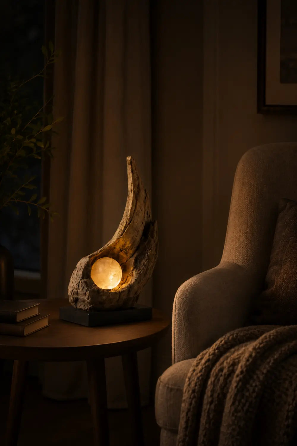 Organic Sculptural Wooden Lamp Emitting Cozy Warm White Light For Elegant Interior Spaces
