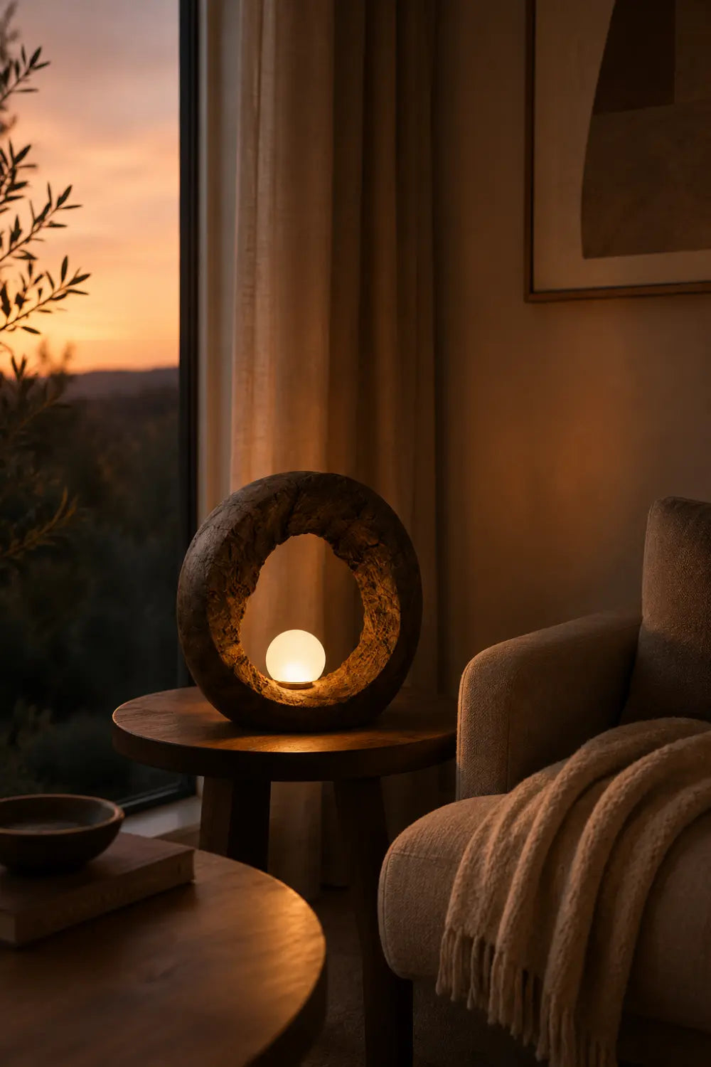 Handcrafted Wooden Table Lamp With Abstract Ring Shape For Modern Home Decor
