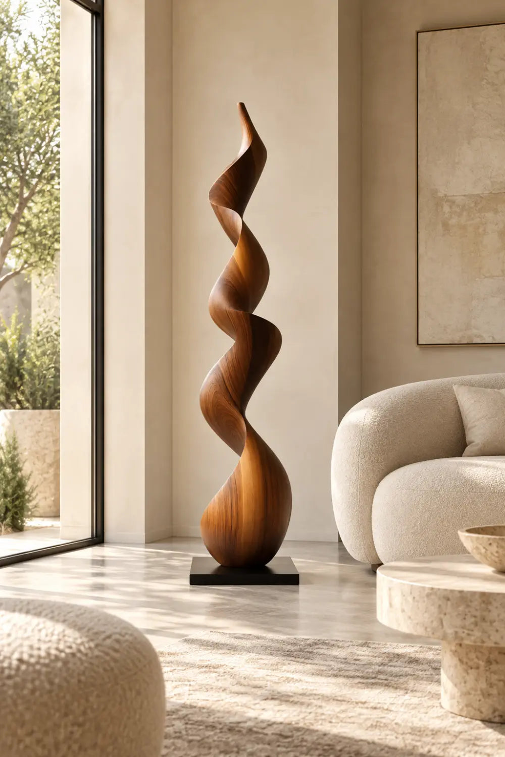 Large Walnut Wood Spiral Sculpture For Modern Living Room Freestanding Abstract Art