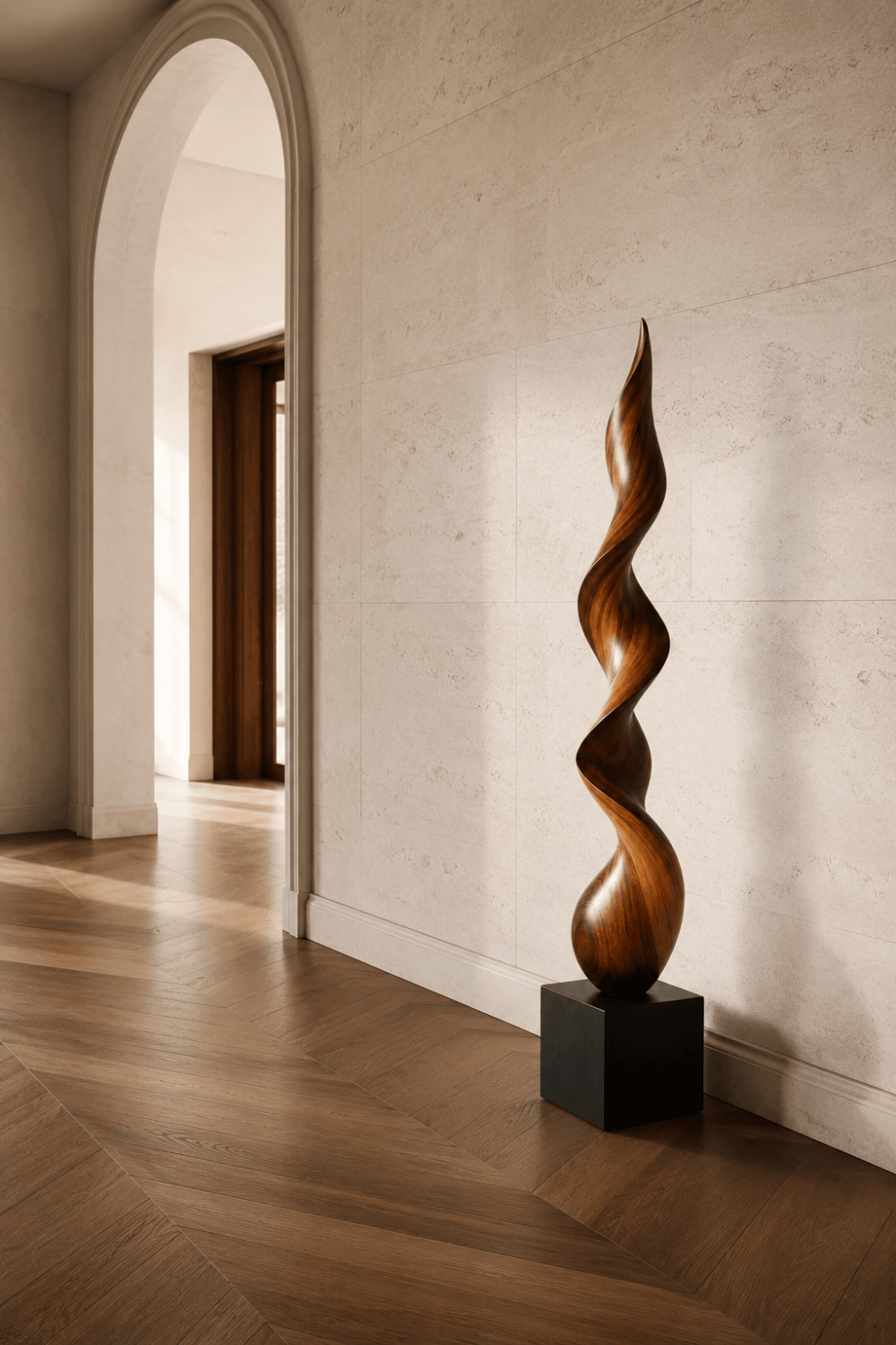 Large Abstract Walnut Wood Spiral Sculpture For Modern Home Decor And Gallery Display
