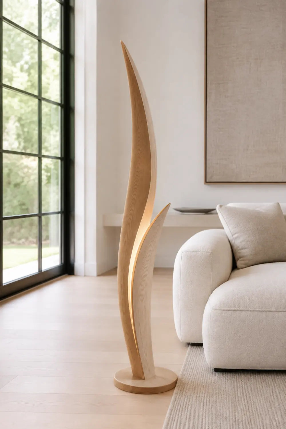 Modern Wooden Floor Lamp With Sculptural Curves And Warm Ambient Glow For Contemporary Living Rooms