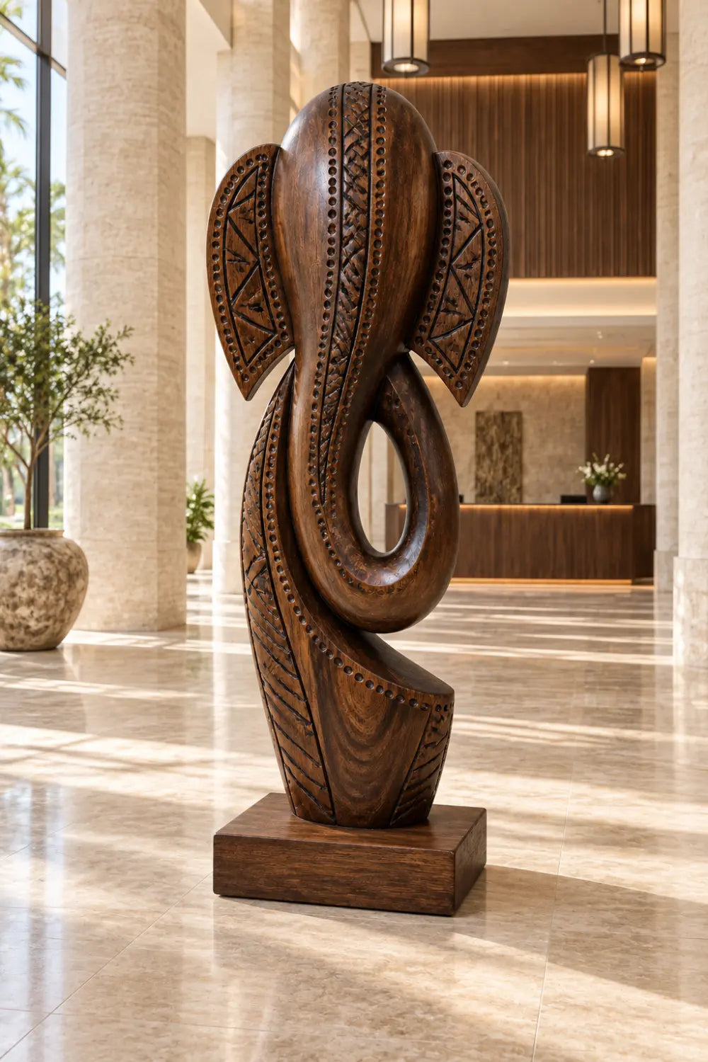 Carved Wooden Elephant Floor Sculpture | Large Standing Statue For Living Space