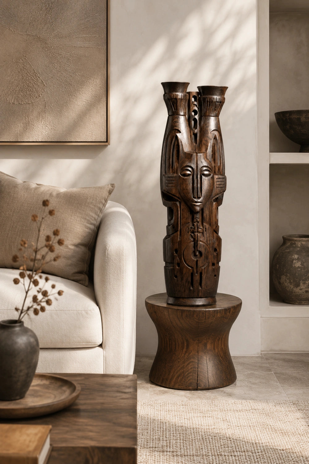 Hand-Carved African Tribal Wooden Floor Vase Large Abstract Sculpture For Modern Home Decor
