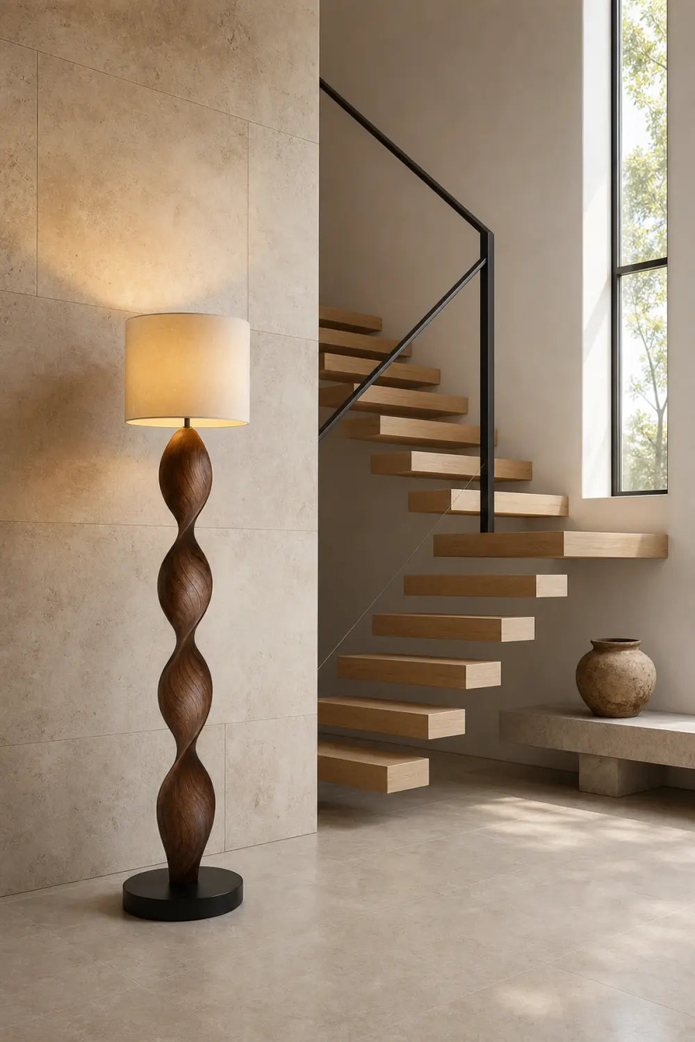 Modern Sculpted Wood Floor Lamp | Aesthetic Standing Light For Living Space